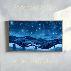 Könnte beinhalten: Ein digitales Gemälde einer verschneiten Winterlandschaft mit einem kleinen Dorf, das sich in die Hügel schmiegt. Der Himmel ist tiefblau mit vielen weißen Sternen. Die Hügel sind mit Schnee bedeckt und die Bäume sind kahl.