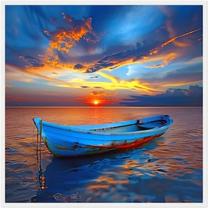 Premium-Poster, halbmatt, mit oder ohne Holzrahmen|Altes Boot im Meer|Sonnenuntergang|Landschafts-Wandkunst|Photorealistic digital art