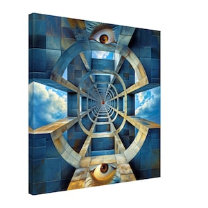 May include: Abstract art print featuring a blue and brown geometric pattern with a tunnel-like structure in the center. Two large eyes with brown irises are visible at the top and bottom of the image.