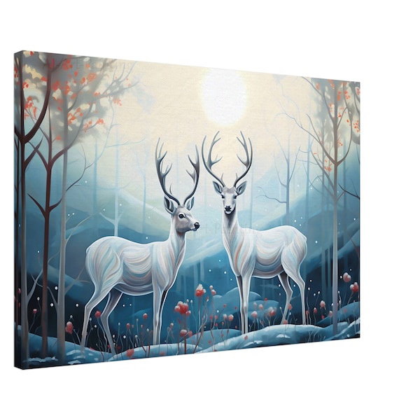 Canvas --Morning Mist in the Winter Forest with Deer-- 60 x 90 cm, 24x36" -Christmas / Winter Decoration -digital artwork-