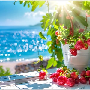 Poster premium su carta semiopaca| Estate calda, fragole rosse fresche e mare azzurro| Sensazione estiva| opera d'arte digitale fotorealistica