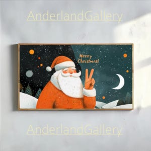 May include: A framed illustration of Santa Claus giving a peace sign, with a white beard and orange suit. The background features a starry night sky, a crescent moon, and the text "Merry Christmas!"