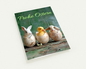 Cute Easter card set with 10 greeting cards (including envelopes) | Bunny, ducklings and lamb hatch from the Easter egg | 350 g/sqm satin matt