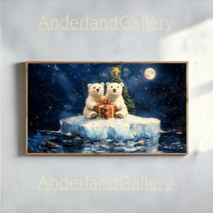 May include: Two white polar bears sit on a small ice floe in a blue ocean. The bears are holding a red and white wrapped gift. A small Christmas tree is behind the bears. The background is a dark blue sky with stars and a full moon.