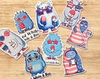 Funny 4th of July Monster Stickers – Patriotic USA Kawaii Pack