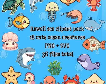 Kawaii Sea Animal Clipart | Ocean PNG SVG Bundle