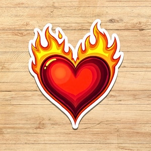 Flaming Heart Sticker – Vinyl Flame Heart – Fire Heart Decal – Laptop Water Bottle Sticker – Laminated Custom Vinyl - Transparent sticker