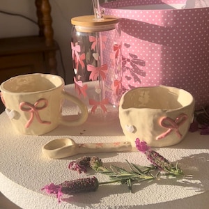 Made to order: pink bow SET mug, matcha bowl, spoon and glass tumbler