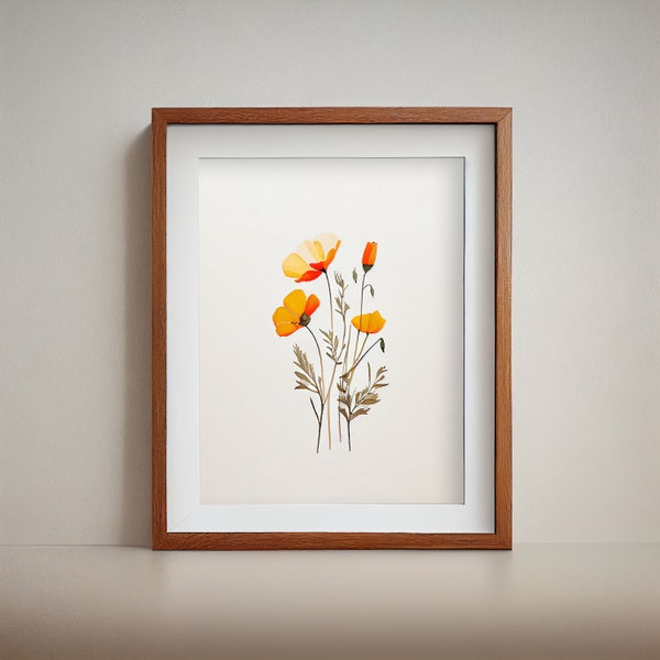 California Poppy Watercolor, Printable digital download, Floral wall art, Botanical art