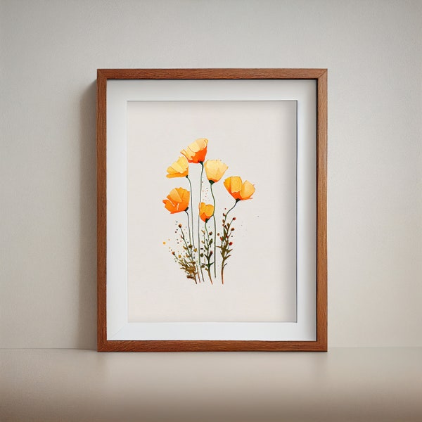 California Poppy Watercolor, Printable digital download, Floral wall art, Botanical art