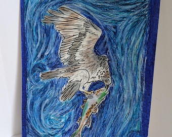 Oil Pastel Linocut Osprey Print | Handmade nature art