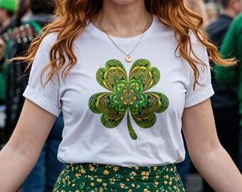 Elegant Stylized Four Leaf Clover T-Shirt - Celtic Art Luck Tee - Tarpa Designs
