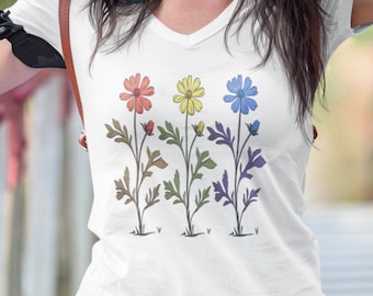 Wildflower V-Neck T-Shirt: Colorful Floral Print, Unisex Jersey Tee
