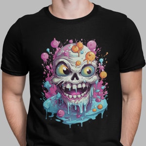 May include: A black t-shirt with a colorful graphic of a skull covered in goo and splattered with paint.