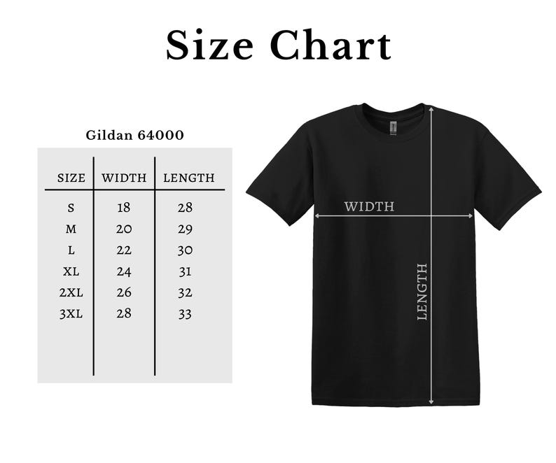 May include: A black t-shirt with a size chart. The chart shows measurements for sizes S to 3XL, with width and length in inches. The text "Size Chart" is at the top. The brand is Gildan 64000.