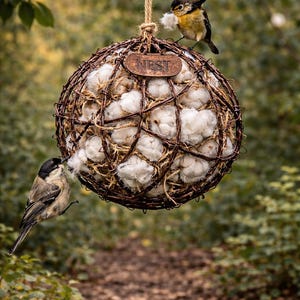 Puede incluir: Un nido esférico para pájaros hecho de ramitas tejidas y relleno de algodón, suspendido de una rama de árbol. Dos pájaros pequeños están posados en el nido, recogiendo algodón. Una etiqueta metálica dice "NEST".