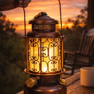 Puede incluir: Una linterna de bronce de estilo vintage con paneles de vidrio ornamentados, que emite una luz cálida. La linterna se sostiene por un asa, sobre un fondo de puesta de sol. El diseño sugiere un estilo vintage, adecuado para exteriores.