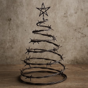 Può includere: Una scultura rustica a forma di albero di Natale in filo spinato marrone. L'albero ha una stella in cima ed è posto su una superficie di legno con uno sfondo neutro.