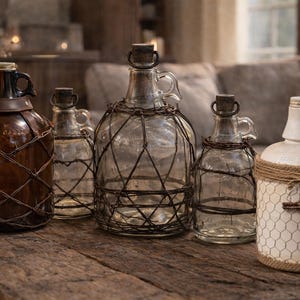 Puede incluir: Una colección de botellas y jarras de vidrio decorativas con varios diseños. Algunas están envueltas en alambre o tienen una estética rústica, mientras que otras son transparentes o marrones. Una jarra blanca presenta un diseño de cruz y alambre de gallinero.
