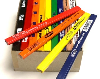 72 USA Made Carpenter Pencils, Hard No Break Lead, Mixed Colors/Mis Print Logos, Great Novelty Item!