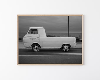 Vintage Ford Econoline Pickup Wall Art, Black and White Coastal Truck Photography, California Beach Decor, Classic Car Print Download