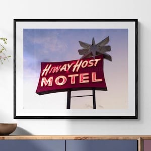 Hiway Host Motel Neon Sign Photo, Retro Route 66 Motel Wall Art, Vintage Americana Roadside Sign Print, Midcentury Travel Decor