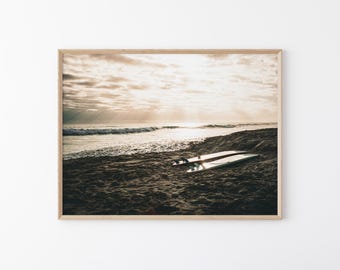 Surfboard Beach Wall Art, California Coastal Photography, Ocean Sunrise Print, Surfer Beach Decor, Fine Art Digital Download