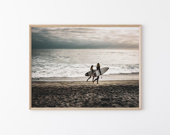 Surfers at Sunset Wall Art, California Beach Photography, Coastal Surf Art Print, Ocean Beach Decor, Fine Art Digital Download