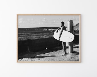 Surfer Wall Art: Black and White Beach Photography, Hawaii Coastal Print, Ocean Lifestyle Decor, Fine Art Print (Digital Download)