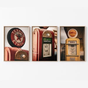 Gas Pump Wall Art (Set of 3): Vintage Americana Photography, Texaco Shell Indian, Automotive Decor, Garage Wall Art (Digital Download)