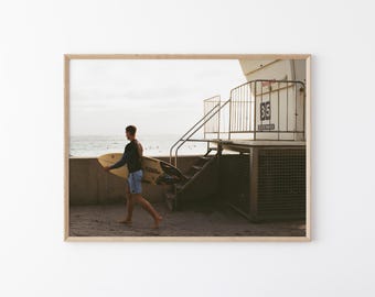 Surfer at Lifeguard Tower 35 Wall Art: Carlsbad California Beach Photography, Coastal Surf Decor, Ocean Lifestyle (Digital Download)