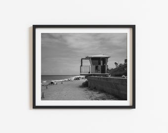 Carlsbad Lifeguard Tower Wall Art: Black and White California Beach Photography, Coastal Ocean Decor, Pacific Coast Print (Digital Download)