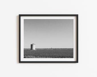 Farmhouse Wall Art: Black and White Grain Bin Film Photography, Rural Farm Landscape, Midwest Americana Decor (Digital Download)