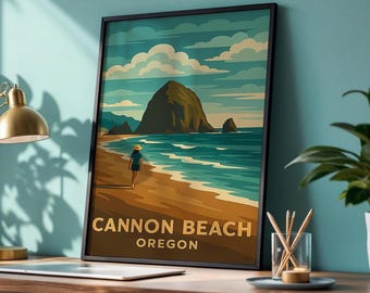 Cannon Beach Travel Poster: Vintage Haystack Rock Art, Oregon Coastal Decor, Retro Travel Wall Art