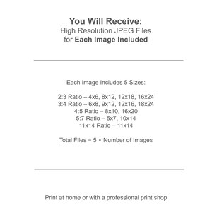 May include: White background with black text detailing the image sizes included. Text reads "You Will Receive: High Resolution JPEG Files for Each Image Included." Includes 5 sizes: 4x6, 8x12, 12x18, 16x24, 6x8, 9x12, 12x16, 18x24, 8x10, 16x20, 5x7, 10x14, and 11x14.
