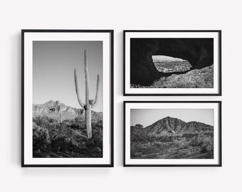 Arizona Desert Wall Art Set of 3: Black and White Photography, Saguaro Cactus Prints, Southwest Gallery Wall (Digital Download)