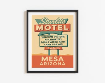 Pôster de viagem Mesa: Starlite Motel - Arte vintage do Arizona, estilo retrô americano à beira da estrada, arte clássica de parede de motel (download digital)