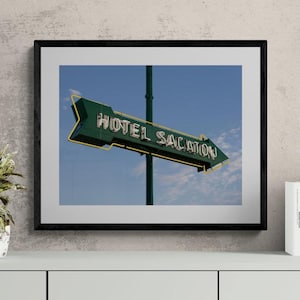 Hotel Sacaton Neon Sign Photo, Vintage Green Neon Wall Art, Retro Americana Sign Photography, Classic Motel Sign Print