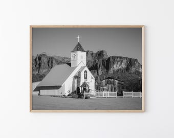 Apache Junction Church Wall Art: Black and White Arizona Photography, Superstition Mountains Print, Desert Landscape (Digital Download)