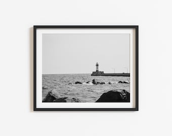 Duluth Lighthouse Wall Art: Minnesota Photography, Black and White, Lake Superior Decor, Great Lakes Coastal Art (Digital Download)