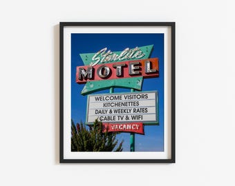 Arte de parede vintage para motel: Fotografia da placa de néon Starlite Mesa Arizona, estilo retrô americano à beira da estrada, decoração desértica (download digital)