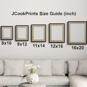 May include: A size guide for framed prints, showcasing five different sizes: 8x10, 9x12, 11x14, 12x16, and 16x20 inches. Each framed print has a black frame with a beige mat. The text "JCookPrints Size Guide (inch)" is at the top.