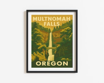 May include: A framed art print featuring a stylized illustration of Multnomah Falls in Oregon. The image depicts a tall waterfall cascading through a dense forest of green and gold trees, with a stone bridge spanning the middle section.