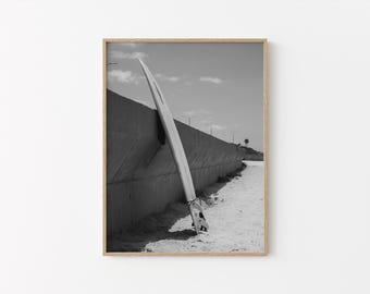 Lone Longboard at the Seawall | California Coast Surf Photography | Black and White Beach Print | Coastal Wall Art | Digital Download