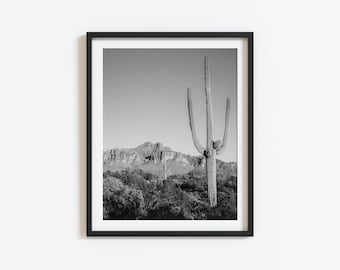 Superstition Mountains Wall Art: Black and White Arizona Desert Photography, Saguaro Cactus, Southwest Landscape Decor (Digital Download)