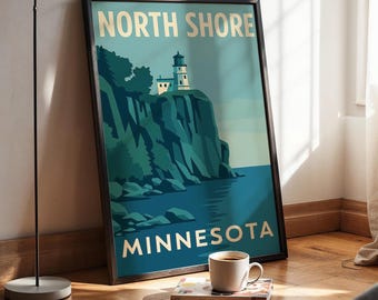 North Shore Minnesota Travel Poster: Lake Superior Lighthouse Wall Art, Vintage Coastal Print