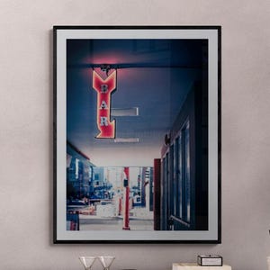 Vintage Neon Bar Sign, Retro City Street Photography, Urban Wall Art, Neon Light Decor, Moody Nightlife Print, Downtown Wall Hanging