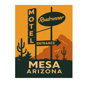 Roadrunner Motel Arizona Travel Poster: Vintage Neon Sign Art (Digital Download