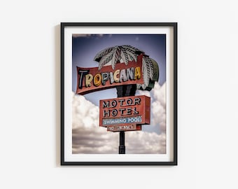Arte de parede vintage de motel: Fotografia da placa de néon do Tropicana Motor Hotel Tucson, estilo americano à beira da estrada no Arizona, decoração retrô (download digital)
