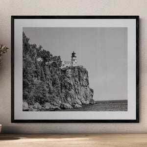 Split Rock Lighthouse Minnesota Black and White Photo, Lake Superior Coastal Wall Art, Historic Landmark Print, Nautical Nature Photography